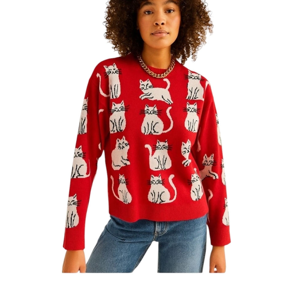 LAST ONE LEFT! Red Cat Print Sweater